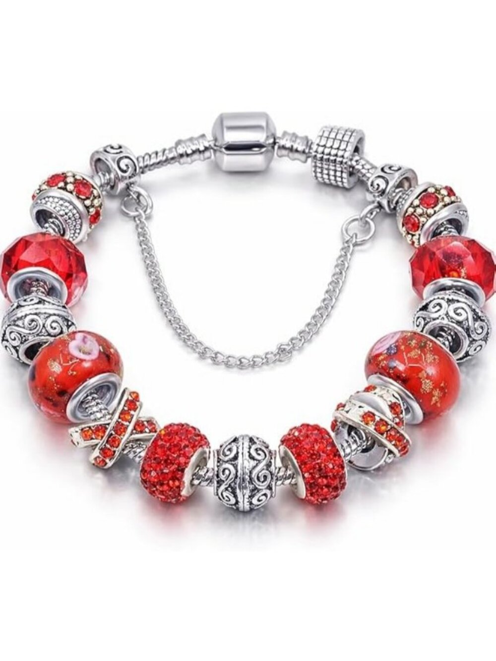 Red Charm Bracelet Silver Tone Charm Bracelet Crystal & Murano Glass Beads